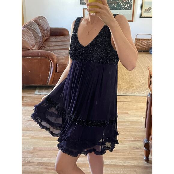 Y2K Silk Beaded Babydoll Dress Ruffle Hem Size Small - Picture 2 of 8